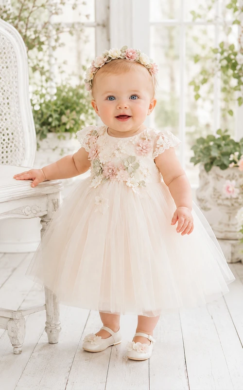 Blushing Pink Baby Baptism Christening Ceremony Dress A-Line Knee-Length Jewel Neck Sleeveless Tulle Floral Detail Bow Back Button Back
