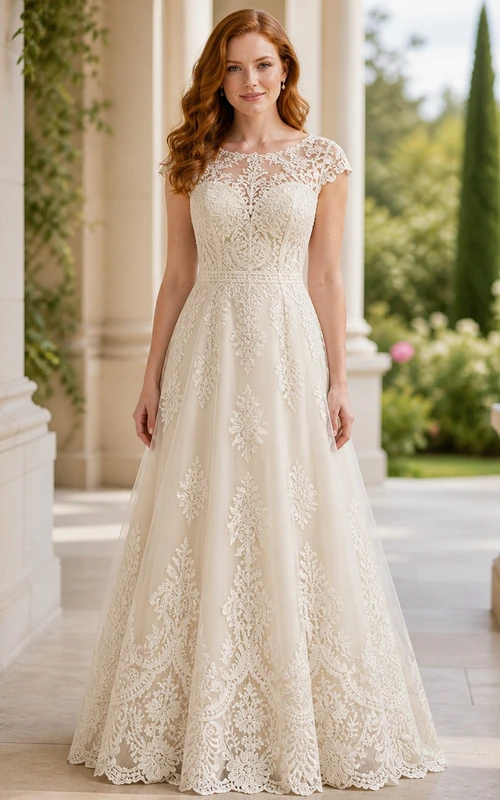 Vestido de novia romántico vintage de talla grande con mangas cortas de encaje y corte en A