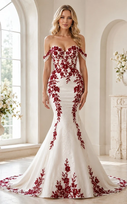Rotes, schulterfreies, ärmelloses Brautkleid aus Satin mit Meerjungfrauenschnitt und Schleppe, verziert mit floralen Applikationen
