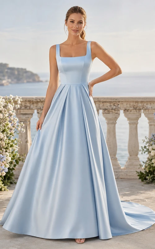 Robe de mariée bleu pâle en satin, col carré, bretelles, coupe trapèze, style chapelle