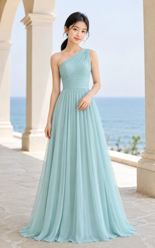 Vestido de dama de honor juvenil color aguamarina, corte en A, un solo hombro, sin mangas, fruncido, moderno y formal.
