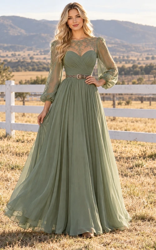 Robe de soirée en mousseline à manches longues et coupe trapèze Western Sage Illusion