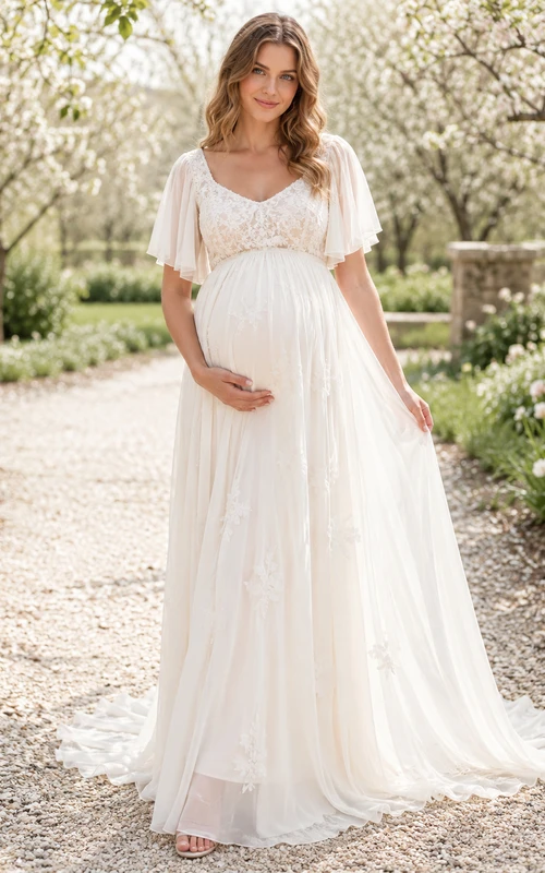Vestido de novia de jardín con escote en V y mangas cortas de encaje para embarazadas