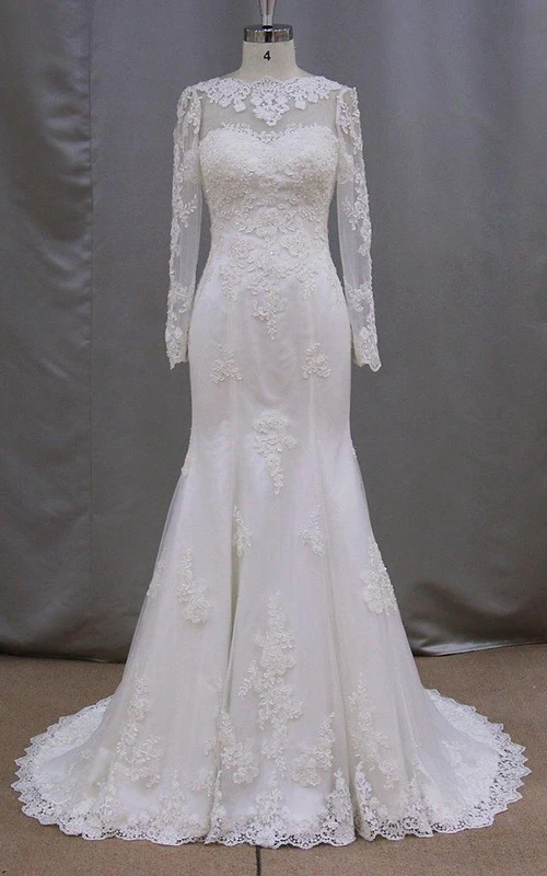 Robe sirène à manches longues et col montant en dentelle avec dos lacé