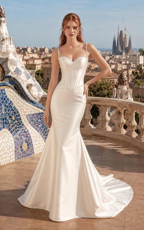 Robe de mariée sirène moderne en satin à fines bretelles et dos boutonné, décolleté cœur, robe de mariée de destination