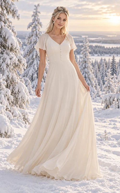 Sencillo vestido de novia de gasa con corte en A, botones en la parte delantera y mangas cortas con volantes.