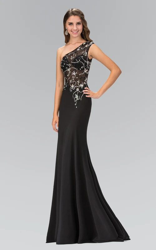 Ärmelloses, bodenlanges Jerseykleid mit One-Shoulder-Ausschnitt und Perlenstickerei