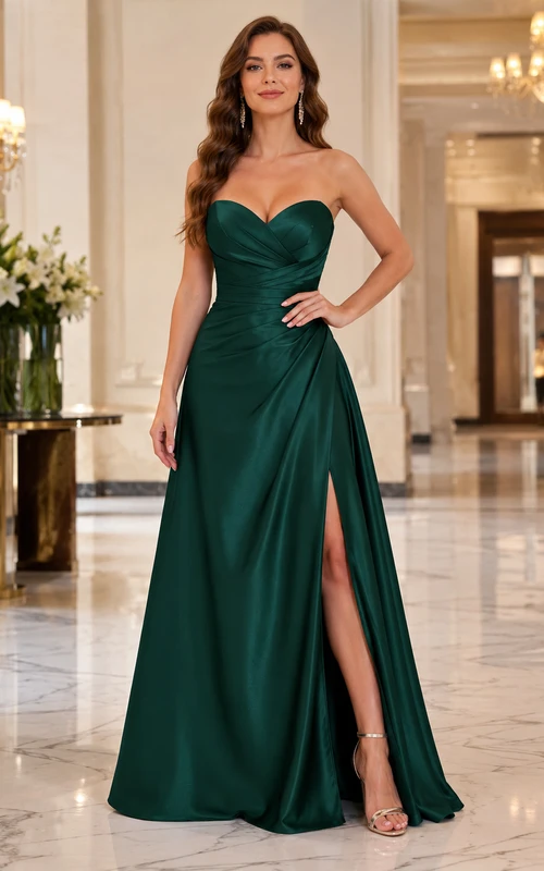 Dark Green Sweetheart Satin Slit Formal Dress