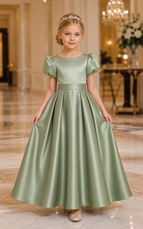 Flower Girl Dress Sage Satin A-Line Jewel Neck Floor Length Bow Detail