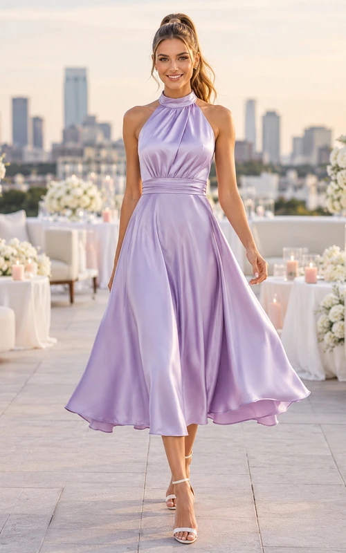 Robe de mariée lavande en satin, col montant, dos nu et longueur thé