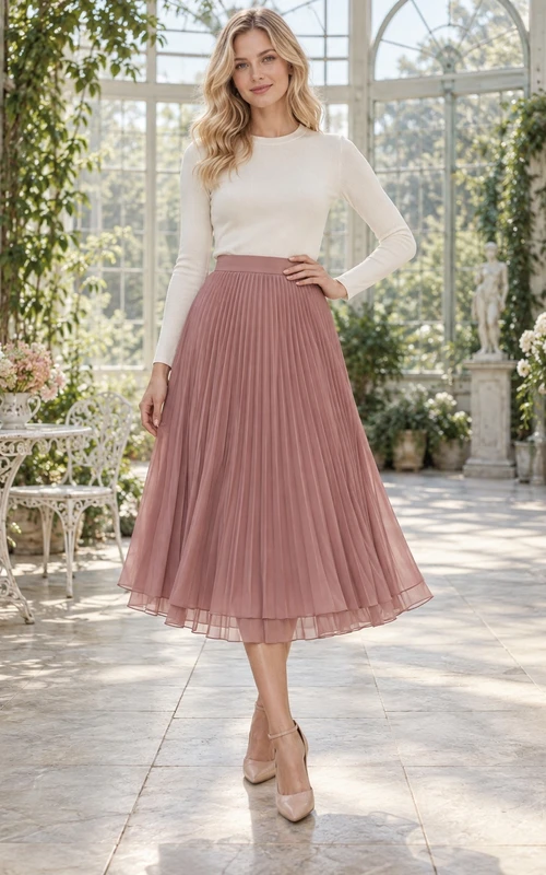 Jupe trapèze plissée en mousseline rose poudré vintage, longueur thé, taille marquée
