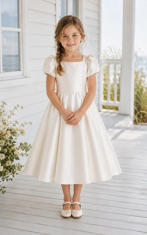 Blumenmädchenkleid aus elfenbeinfarbenem Satin, A-Linie, Rundhalsausschnitt, Teelänge, Schleifendetail