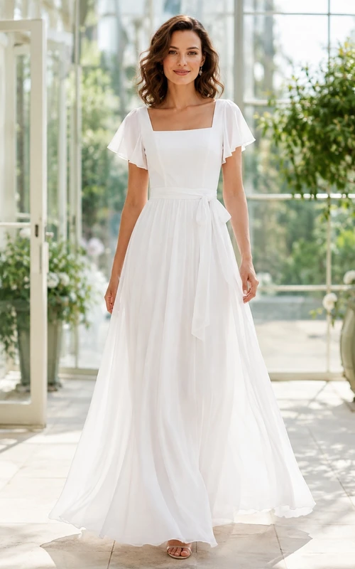Simple Square Neck Flutter Sleeve Chiffon A-Line Floor-Length Modest Wedding Dress