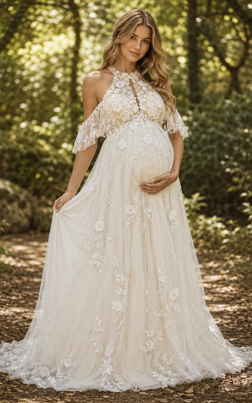 Maternity Halter High Neck Lace Open Back A-Line Wedding Dress