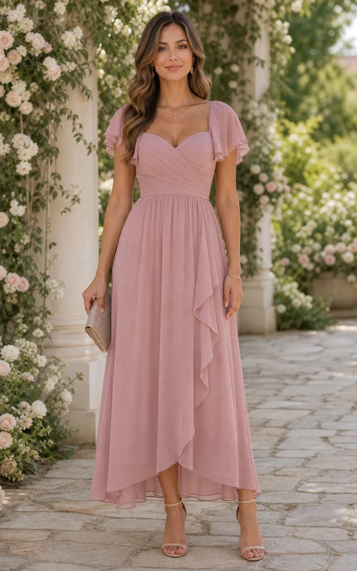 Robe asymétrique en mousseline rose poudré à décolleté cœur