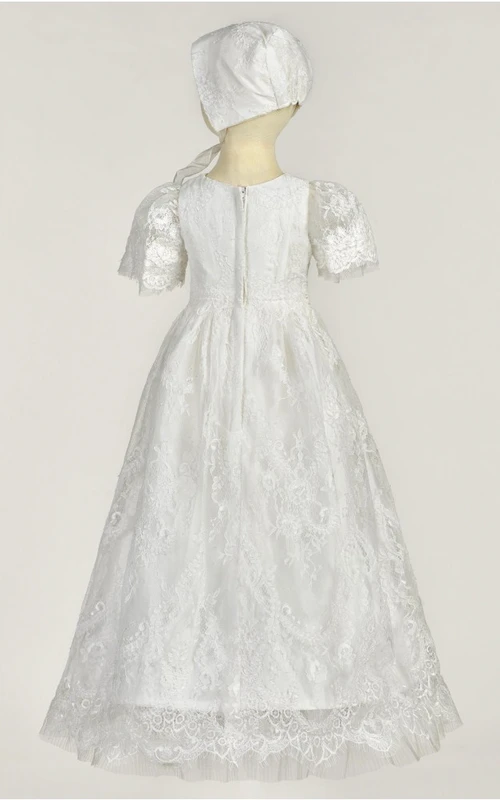 Taufkleid aus Spitze mit Illusion-Puffärmeln und Reißverschluss hinten