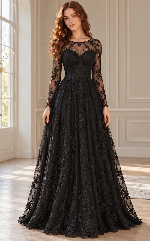 Robe de soirée longue en dentelle florale noire à manches longues et coupe trapèze