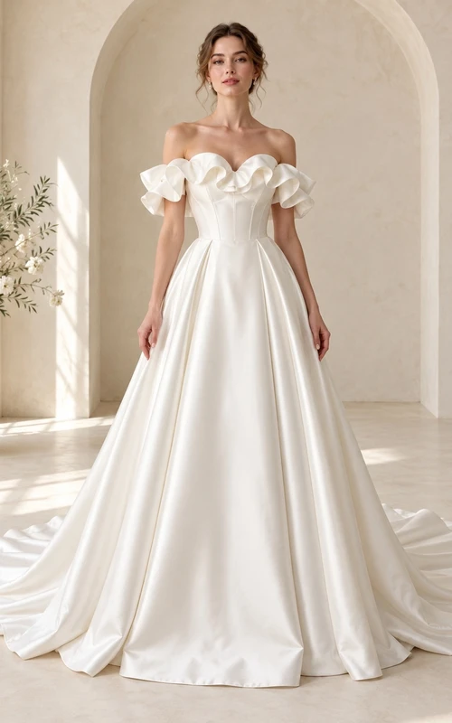 Schulterfreies Brautkleid aus Satin mit Rüschen, A-Linie und Kapellenschleppe