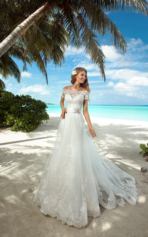 Mermaid Long Off-The-Shoulder Cap-Sleeve Lace-Up Lace First Communion Dress With Sash And Appliques