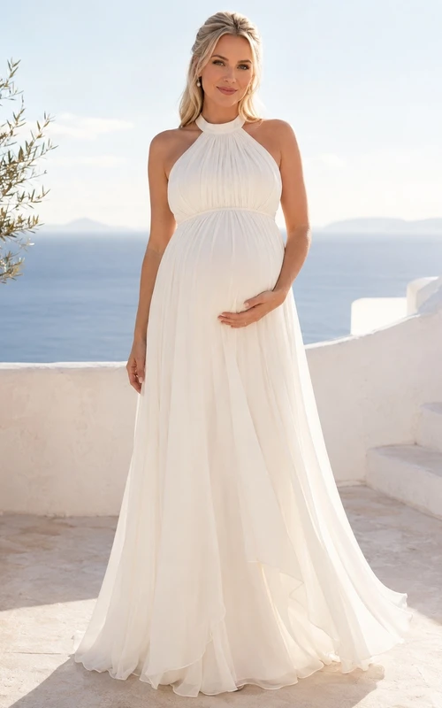 Elegante vestido de novia largo hasta el suelo, de gasa, corte A, sin mangas y con escote halter.