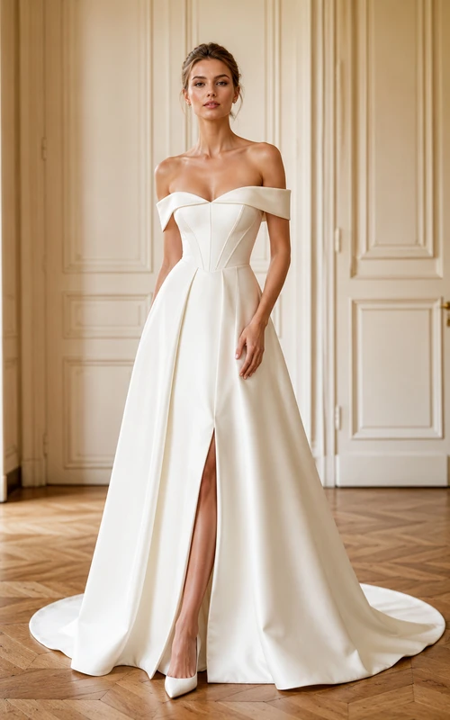 Robe de mariée champêtre en satin poli, épaules dénudées, manches courtes, coupe trapèze, traîne chapelle, fente sur le devant