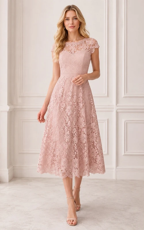 Pearl Pink Scalloped Neck Cap Sleeve Lace A-Line Tea-length Cocktail Dress