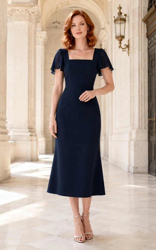 City Hall Dark Navy Square Neck Crepe Sheath Tea-Length Short Sleeve Dress