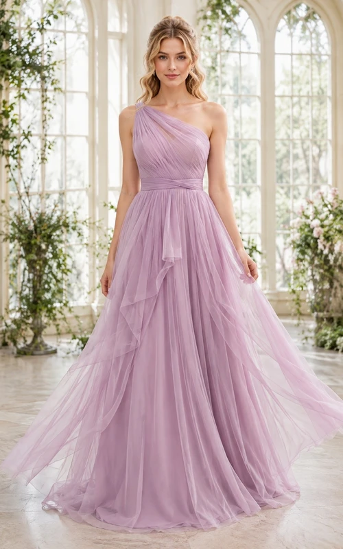 Lavender One-Shoulder Layered Tulle Ethereal Formal Ball Gown