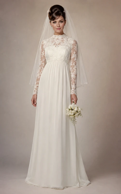 Long Sleeve Lace Chiffon A-Line Vintage Wedding Dress