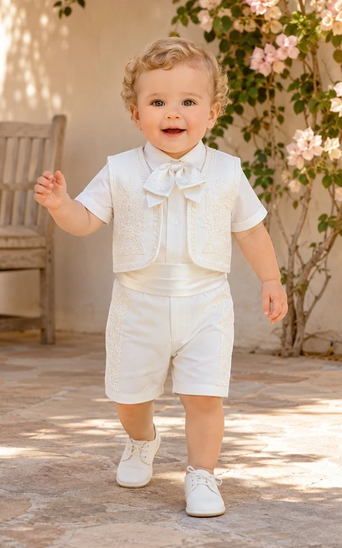 Eleganter elfenbeinfarbener, kurzärmeliger, bestickter Charro Bautizo Baby-Shorts-Anzug