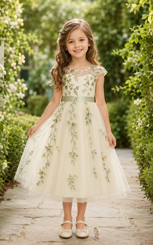 Vestido de niña de las flores, color marfil, encaje, tul, corte en A, escote redondo, largo midi.