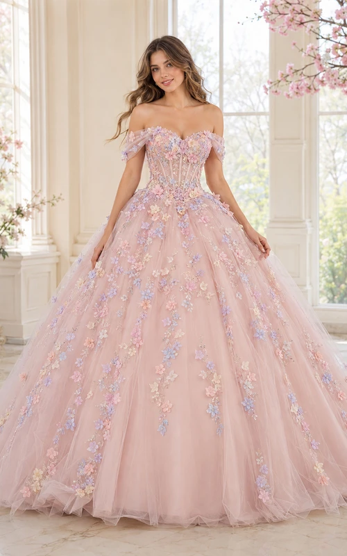 Vestido de quinceañera de princesa con escote corazón y hombros descubiertos en tonos pastel y apliques florales, color rosa empolvado.