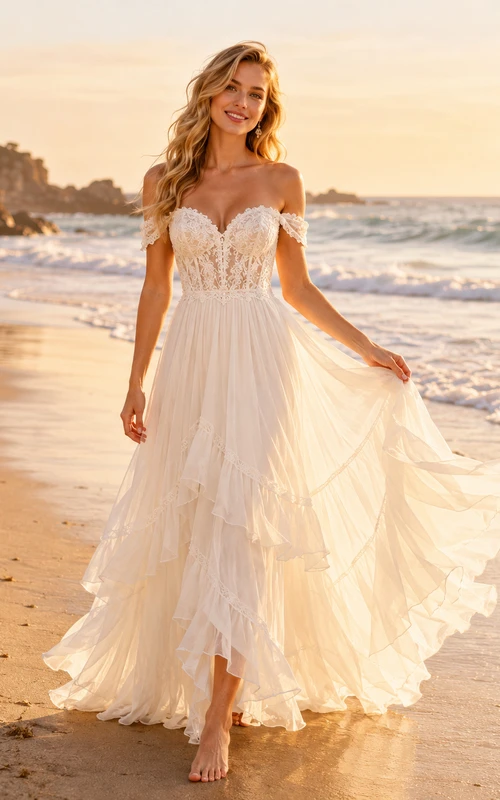 Schulterfreies, gestuftes Chiffon-Brautkleid in A-Linie für den Strand
