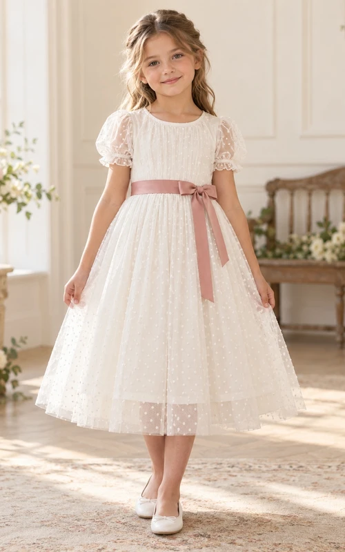 Vestido de niña de flores color marfil, corte en A, manga abullonada, estampado de lunares, pliegues y fajín de rosas.