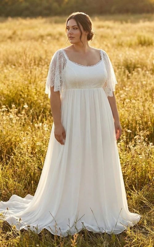 Brautkleid in Übergröße mit Empire-Taille, verspielten Spitzenärmeln und Chiffonrock