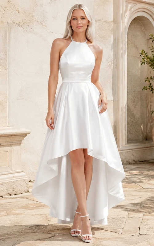 White Satin Jewel Neck Sleeveless High-Low Flowergirl Party Dress