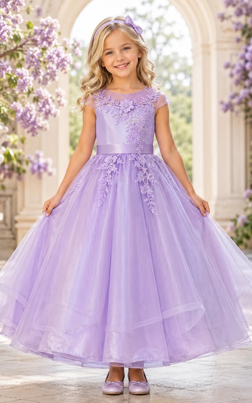 Flower Girl Dress A-Line Lavender Floral Tulle Cap Sleeve Formal Garden