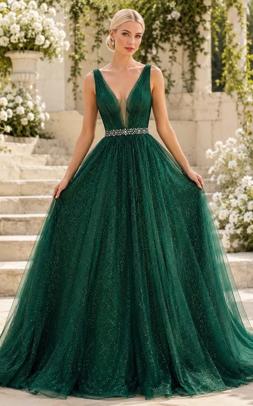 Vestido de gala sin mangas con escote en V y cola larga de tul color esmeralda