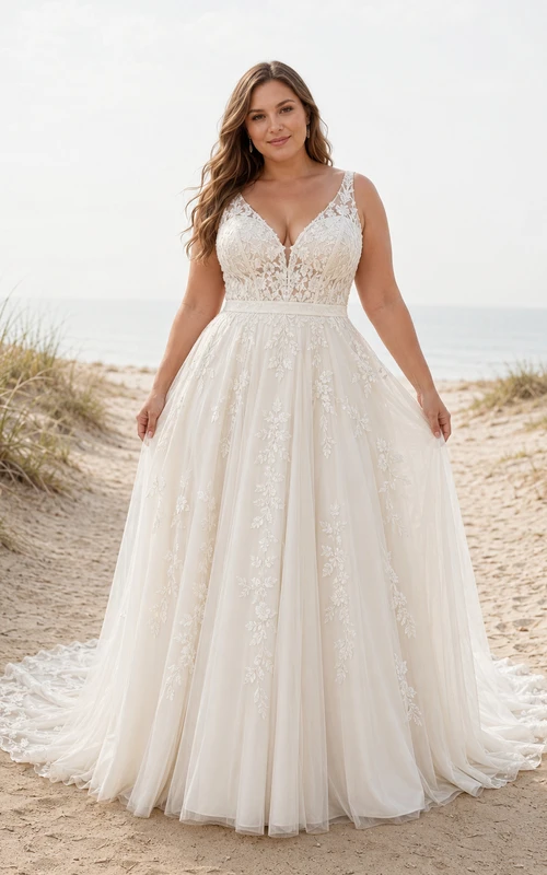 Plus Size V-Neck Straps Tulle A-Line Wedding Dress with Lace Bodice
