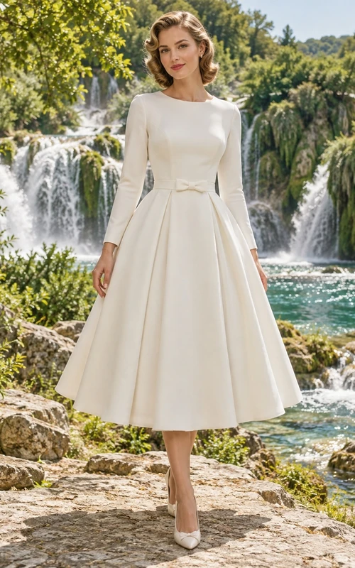 Vestido de novia sencillo de estilo vintage, largo hasta la rodilla, manga larga, cuello joya, satén, lazo, cintura plisada.