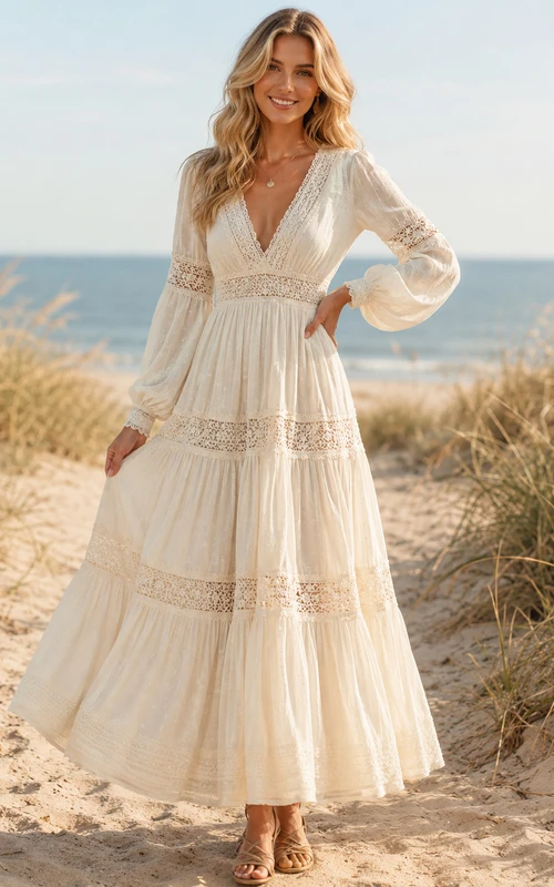 Robe de mariée bohème à col en V, manches poétiques, en mousseline et dentelle à volants, style plage