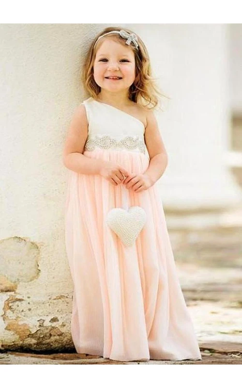 Robe de première communion délicate en mousseline à une épaule, ornée de perles, pour demoiselle d'honneur