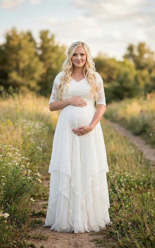 Maternity Wedding Dress with Short Lace Sleeves, V Neck Boho A-Line Bridal Gown