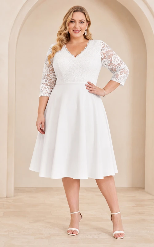 Plus Size White Tea-Length V-Neck Lace Sleeve Cocktail Dress Courthouse