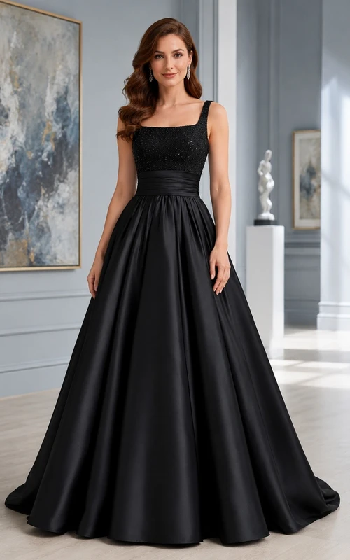 Black Simple Square Neck Satin Princess Ball Gown Formal Dress
