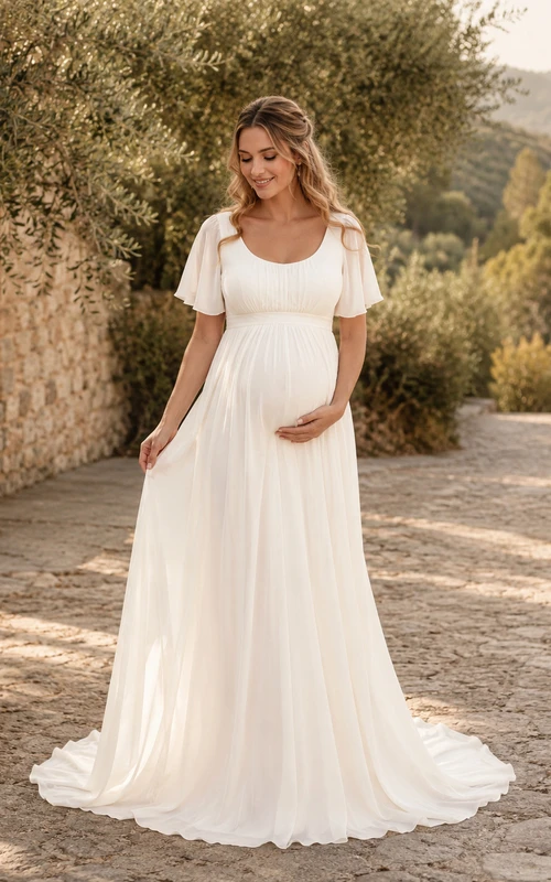 Vestido de novia campestre sencillo de manga corta con escote redondo para embarazadas