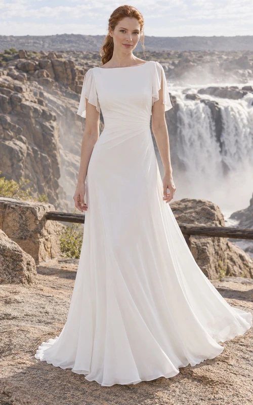 Vestido de novia sencillo de gasa con escote barco, manga corta y cintura drapeada.