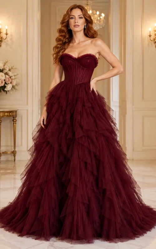 Burgundy Strapless Sleeveless Cascading Ruffle Tulle Ball Gown Dress
