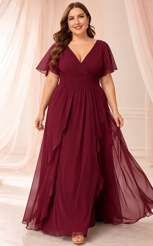 Robe de bal portefeuille grande taille en mousseline bordeaux à manches papillon