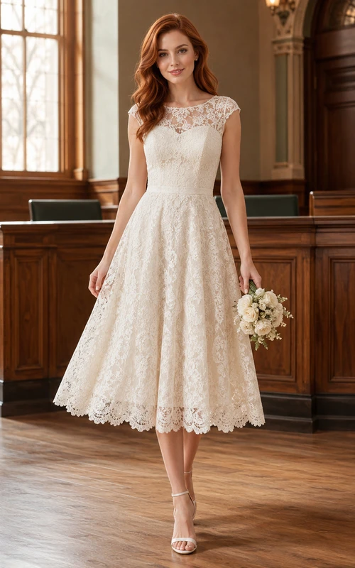 Robe de mariée vintage en dentelle, coupe trapèze, col rond, manches courtes, longueur thé